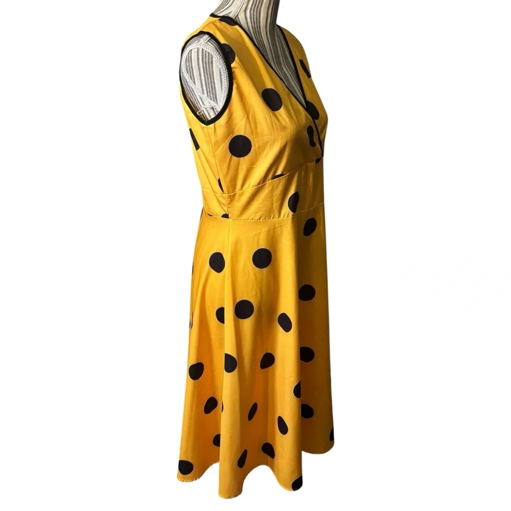 Yellow Polka Dot Dress Large Midi Sleeveless Faux Wrap Black Dots Cotton Poly - Picture 5 of 16